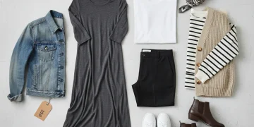 Flat lay of a 10-item capsule wardrobe for under $150