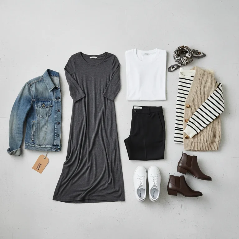 Flat lay of a 10-item capsule wardrobe for under $150