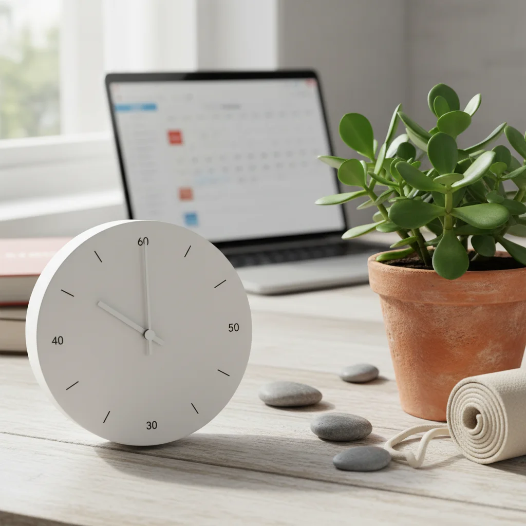 Clock showing 10 minutes next to a plant, symbolizing quick daily meditation