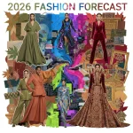 Dynamic fashion collage illustrating 2026 color trends: earthy serenity, digital dawn, and heritage revival palettes.