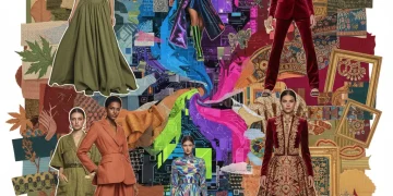 Dynamic fashion collage illustrating 2026 color trends: earthy serenity, digital dawn, and heritage revival palettes.