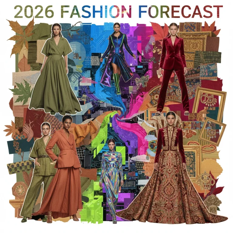 Dynamic fashion collage illustrating 2026 color trends: earthy serenity, digital dawn, and heritage revival palettes.