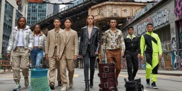 People wearing diverse 2026 footwear trends including sustainable sneakers, chunky boots, and retro athletic shoes in an urban environment.