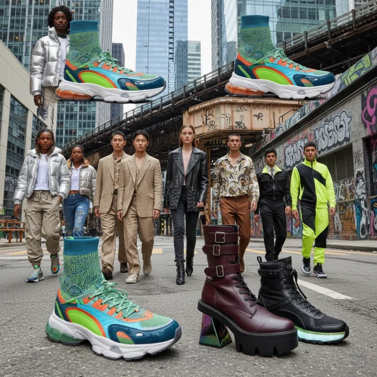 People wearing diverse 2026 footwear trends including sustainable sneakers, chunky boots, and retro athletic shoes in an urban environment.