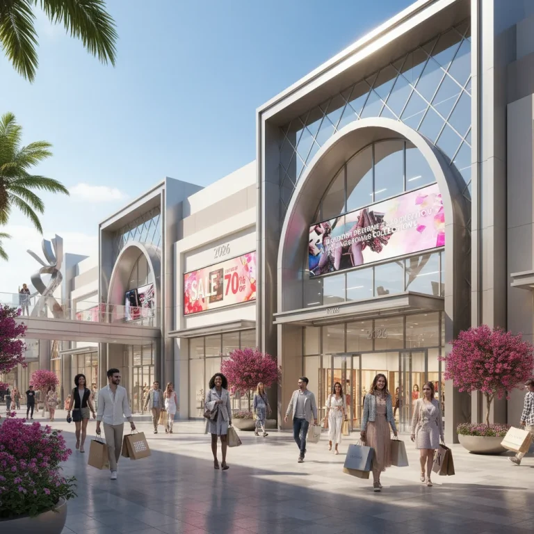 Shoppers enjoying a sunny day at a modern outlet mall, carrying bags with various brand logos.