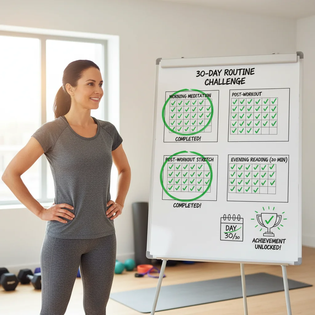 Individual proudly reviewing a completed 30-day habit stacking challenge with new routines established.