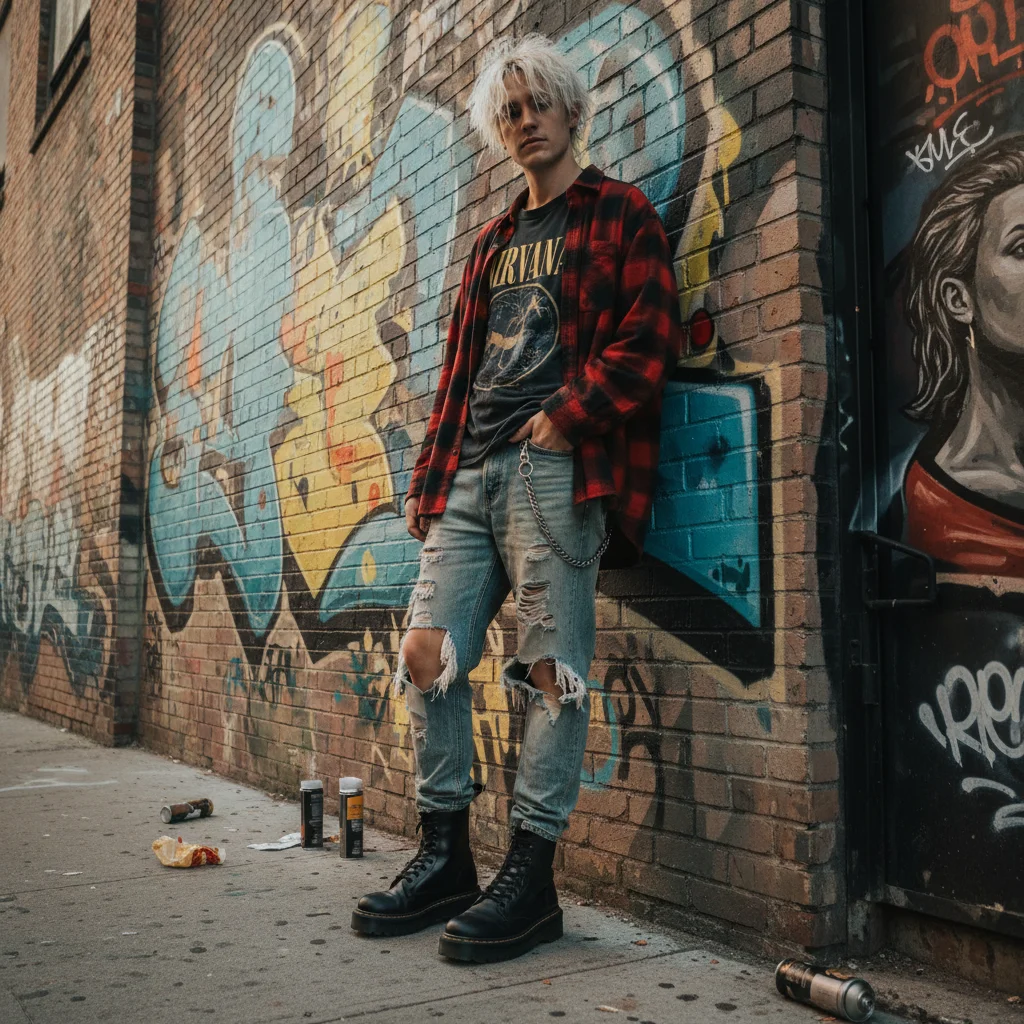 Stylish person in 1990s grunge outfit with plaid flannel, ripped jeans, and chunky boots against a street art background.