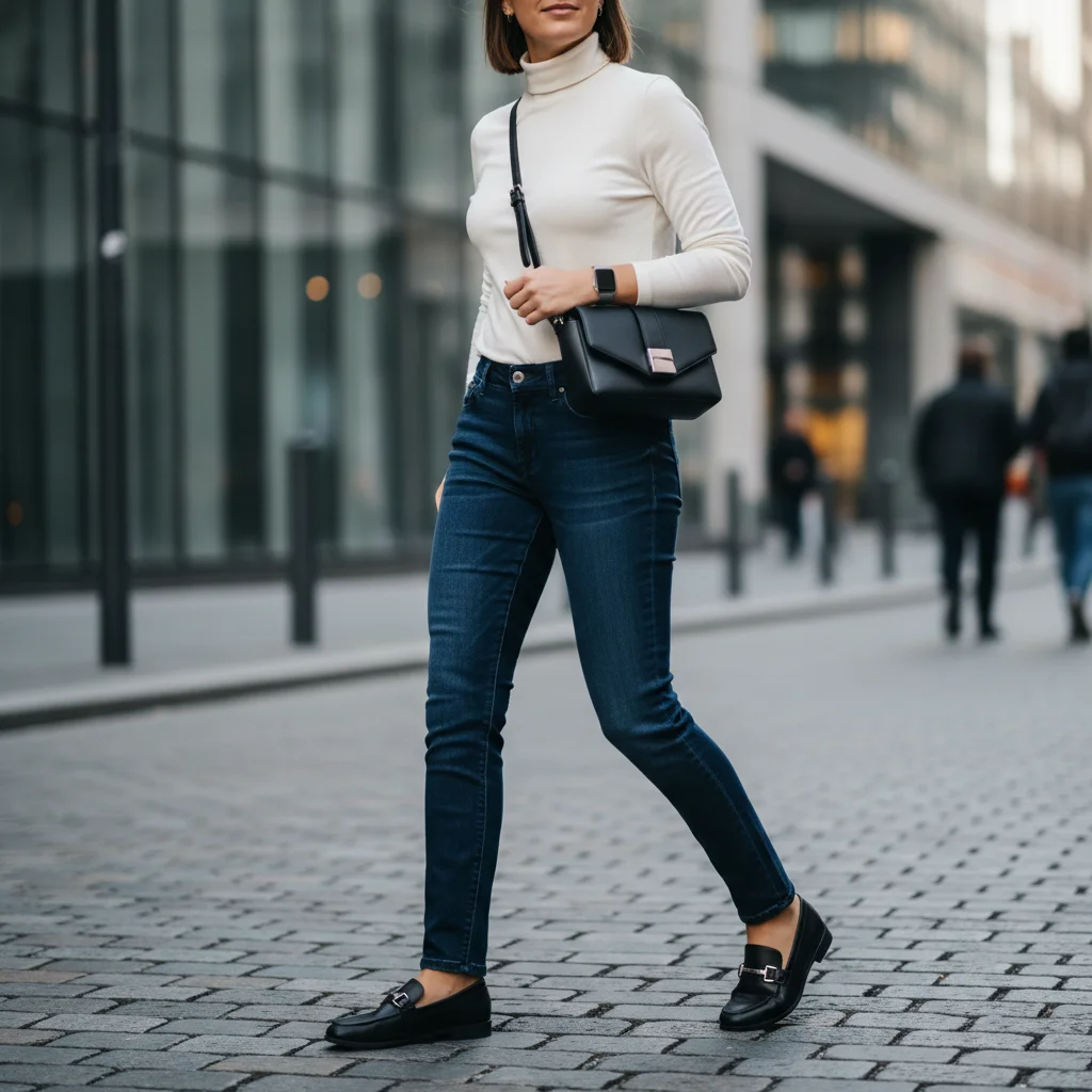Person wearing adaptive fit dark indigo denim jeans, emphasizing comfort and flexibility.