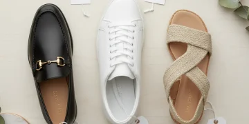 Three affordable shoe styles for 2026 under $75: white sneakers, black loafers, and block-heel sandals.