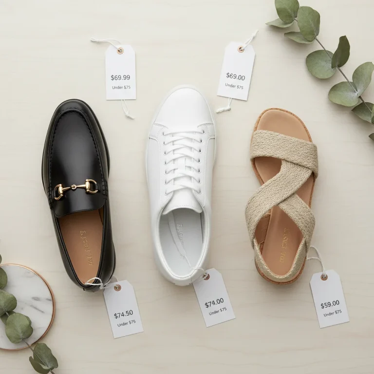 Three affordable shoe styles for 2026 under $75: white sneakers, black loafers, and block-heel sandals.