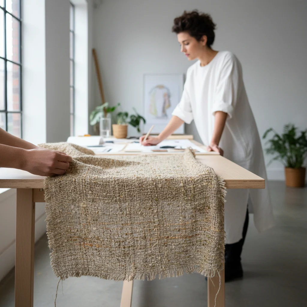 Designer examining a garment made from agricultural waste fibers, highlighting sustainable material use.