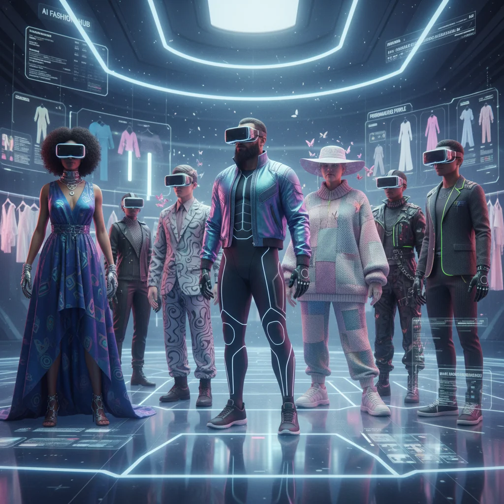 Virtual reality scene showing hyper-personalized AI fashion for diverse individuals.