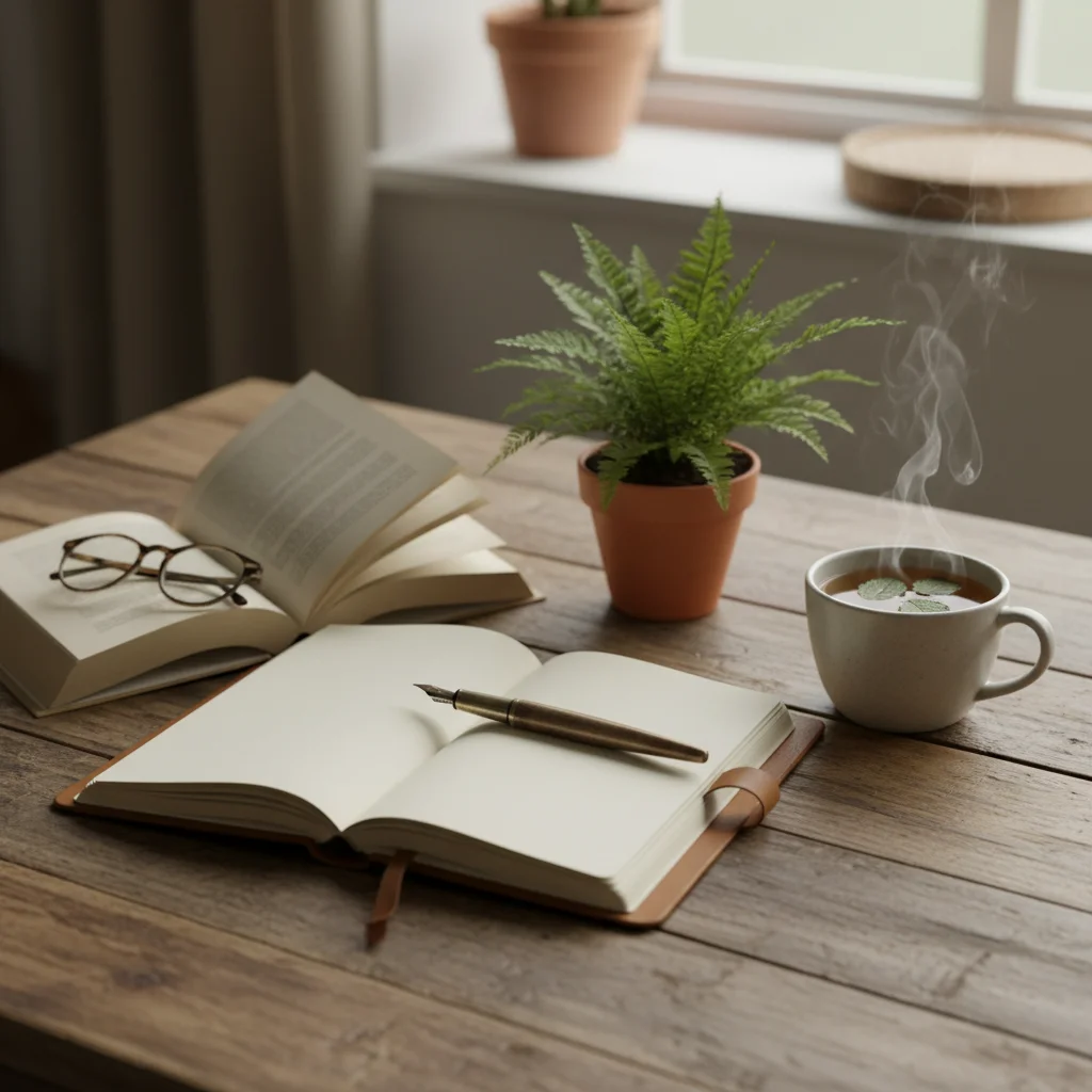 Analog activities like journaling, reading, and tea for digital detox.