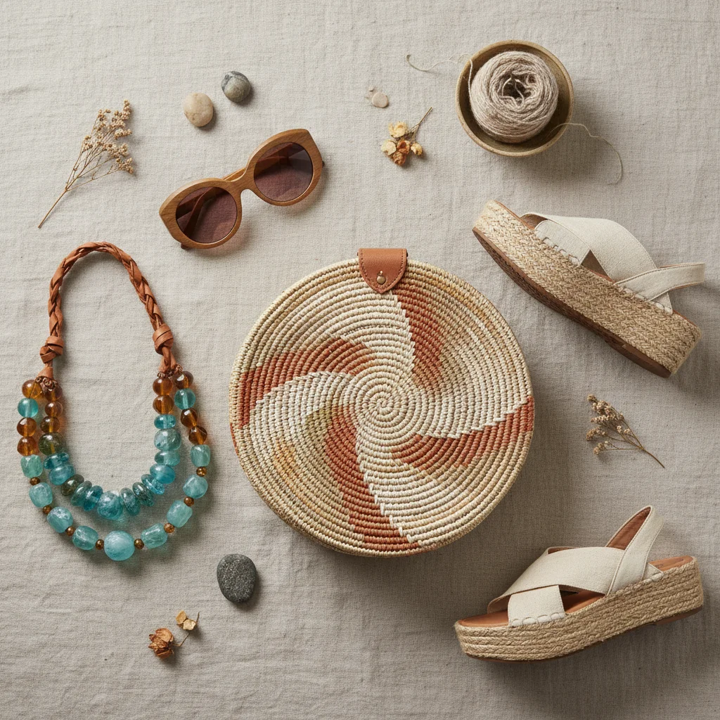 Collection of artisan-crafted accessories including a straw bag and beaded necklace