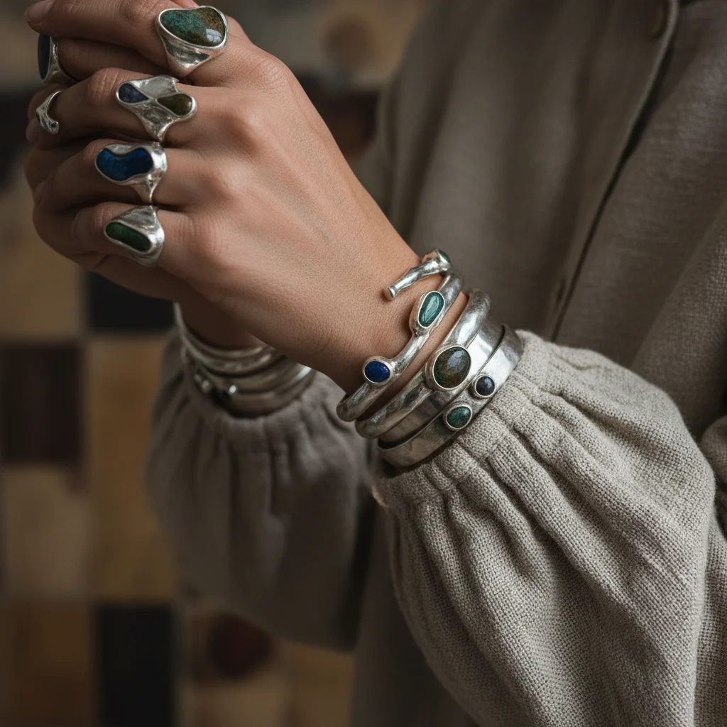 Close-up of hands with chunky abstract silver jewelry and sustainable fabric, embodying artisanal adornments