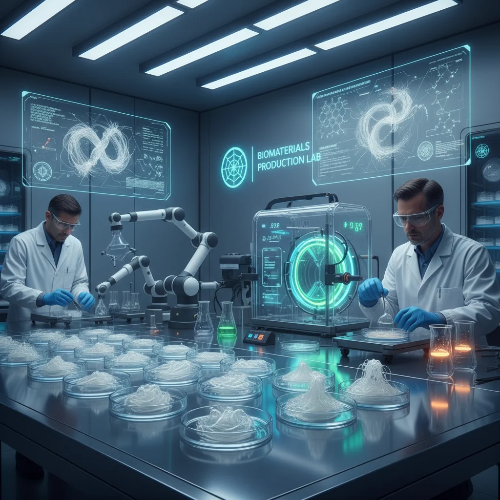 Scientists in a lab culturing biosynthetic spider silk, showcasing advanced sustainable textile research.