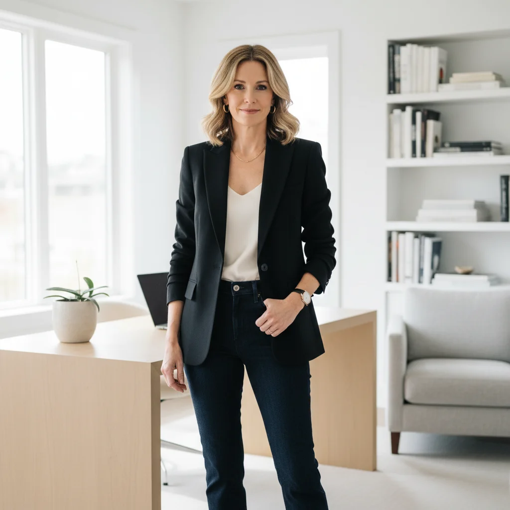 Woman wearing a black blazer and well-fitting dark wash jeans