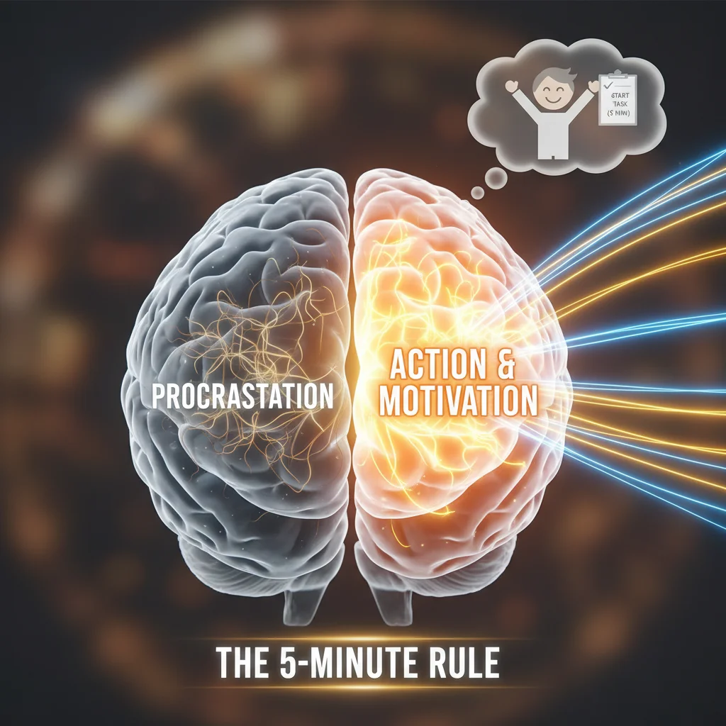 Brain pathways illustrating the shift from procrastination to action with the 5-minute rule