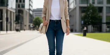 Woman in stylish budget capsule wardrobe walking in city