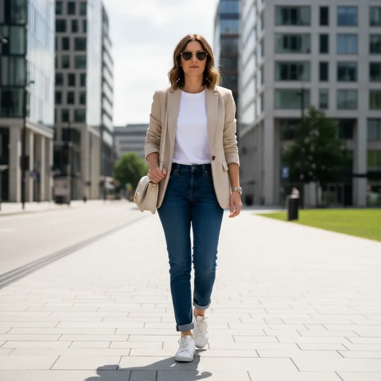 Woman in stylish budget capsule wardrobe walking in city