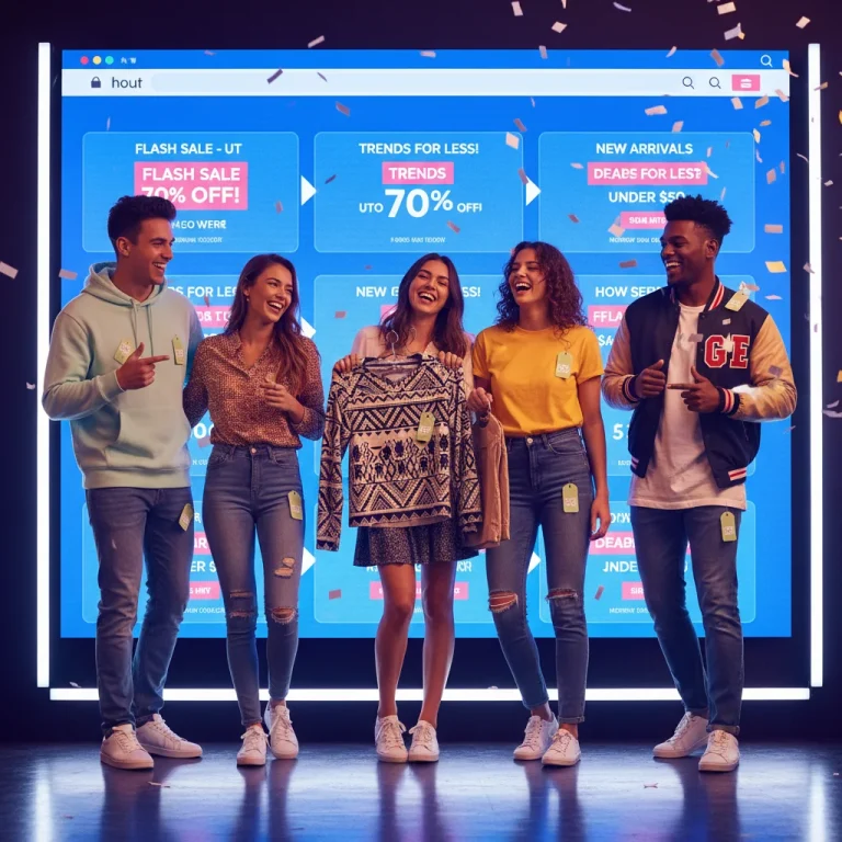 Diverse group showcasing their budget-friendly fashion finds from online platforms.