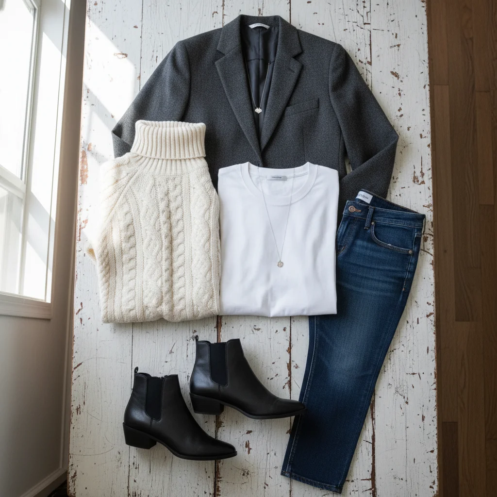 Flat lay of essential capsule wardrobe items