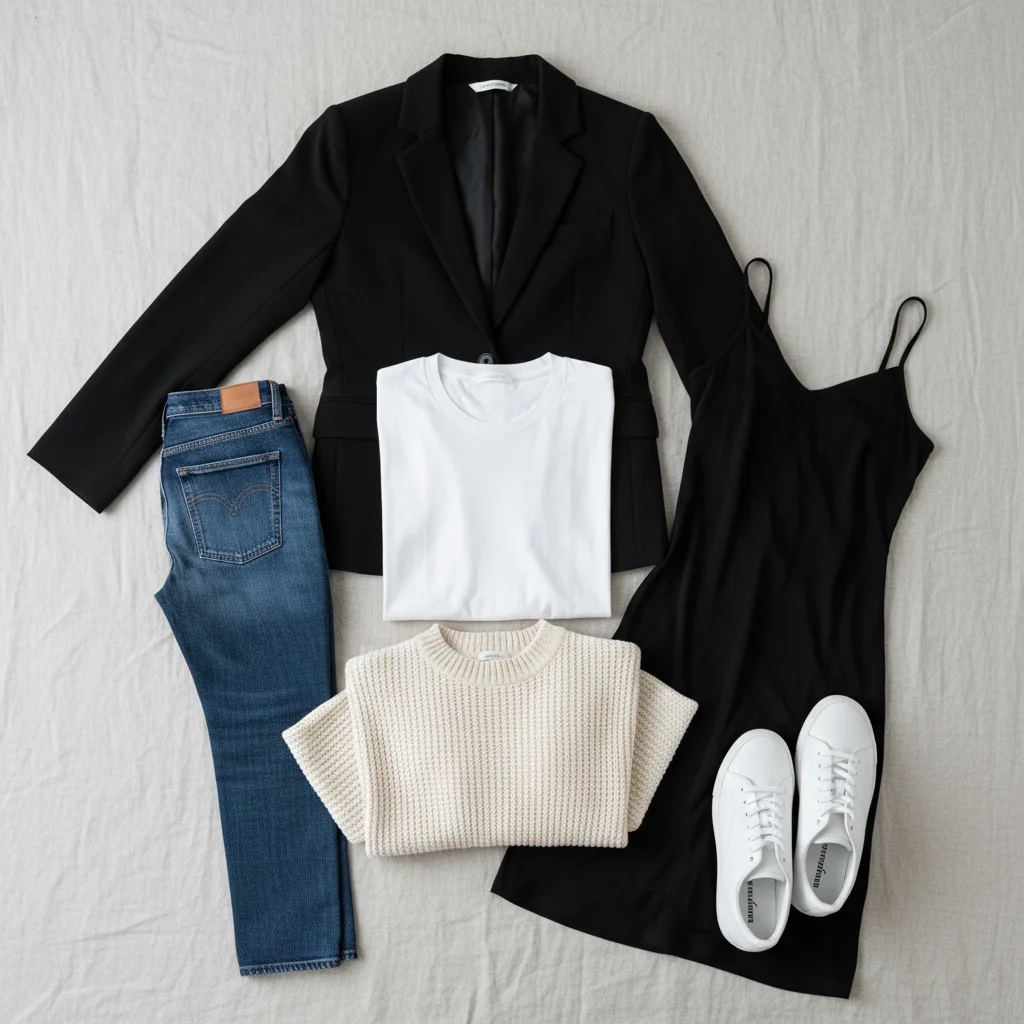 Flat lay of essential capsule wardrobe pieces