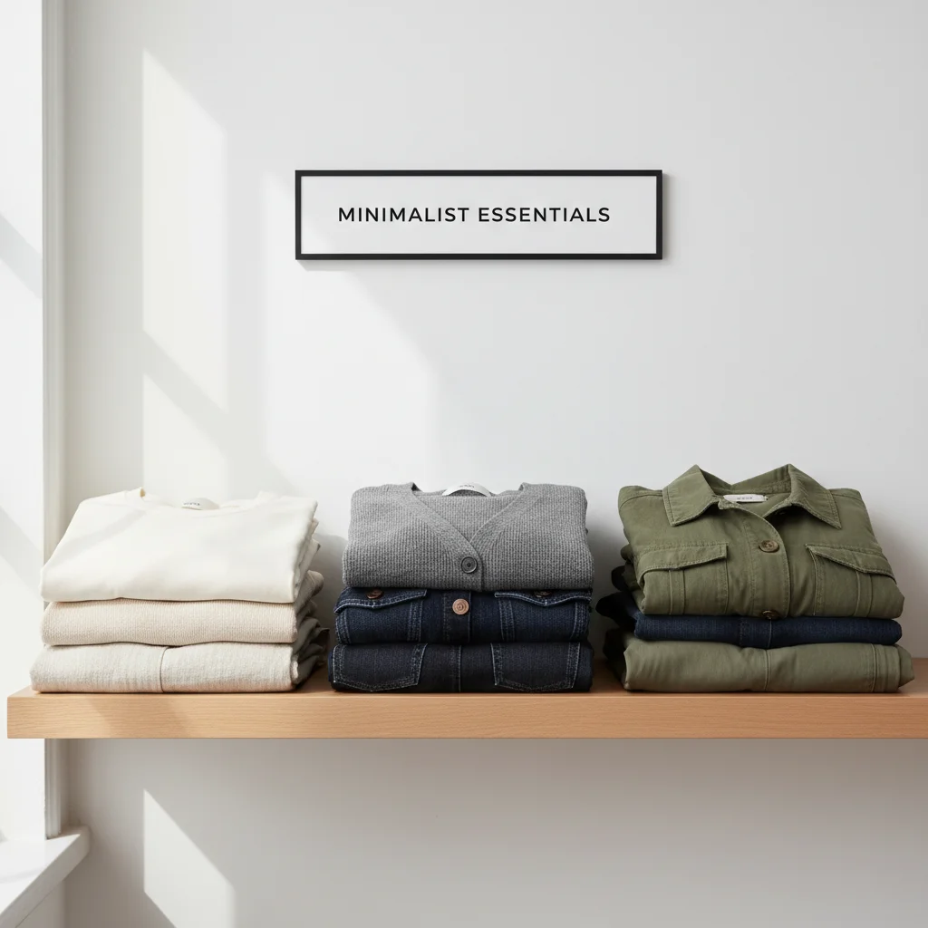 Neatly folded capsule wardrobe items on a shelf, showcasing organization
