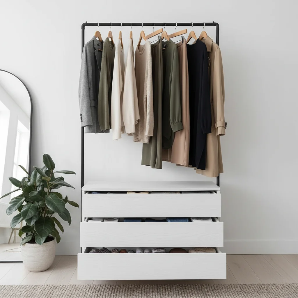 Well-organized capsule wardrobe with versatile clothing items.