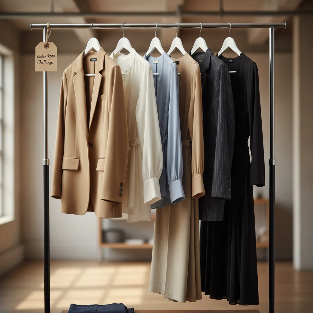 Capsule wardrobe with versatile, neutral-colored professional clothing pieces for under 0.