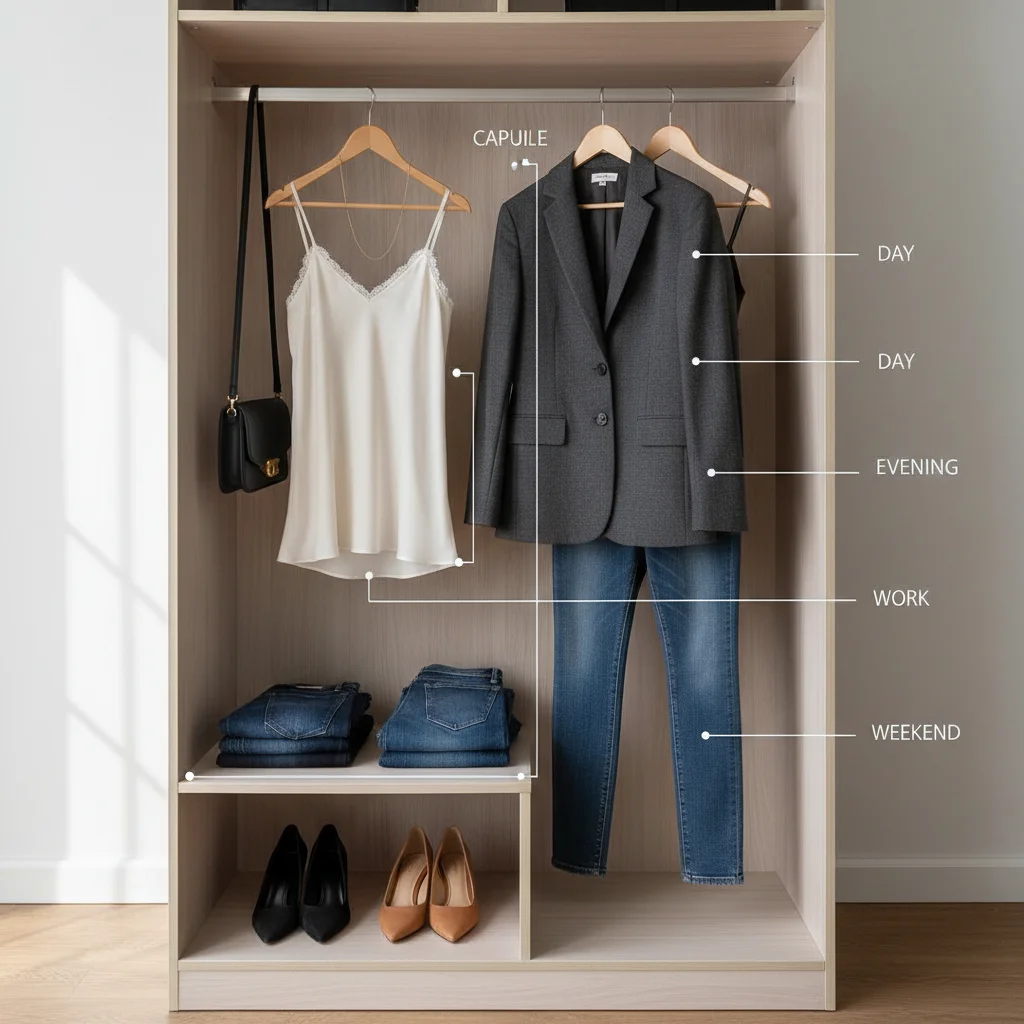 Capsule wardrobe with versatile clothing items for day and night looks