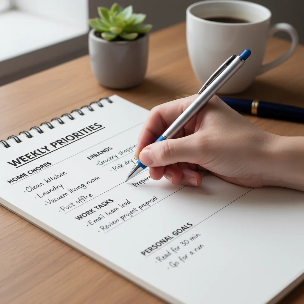 Hand writing a categorized weekly to-do list for efficient task management