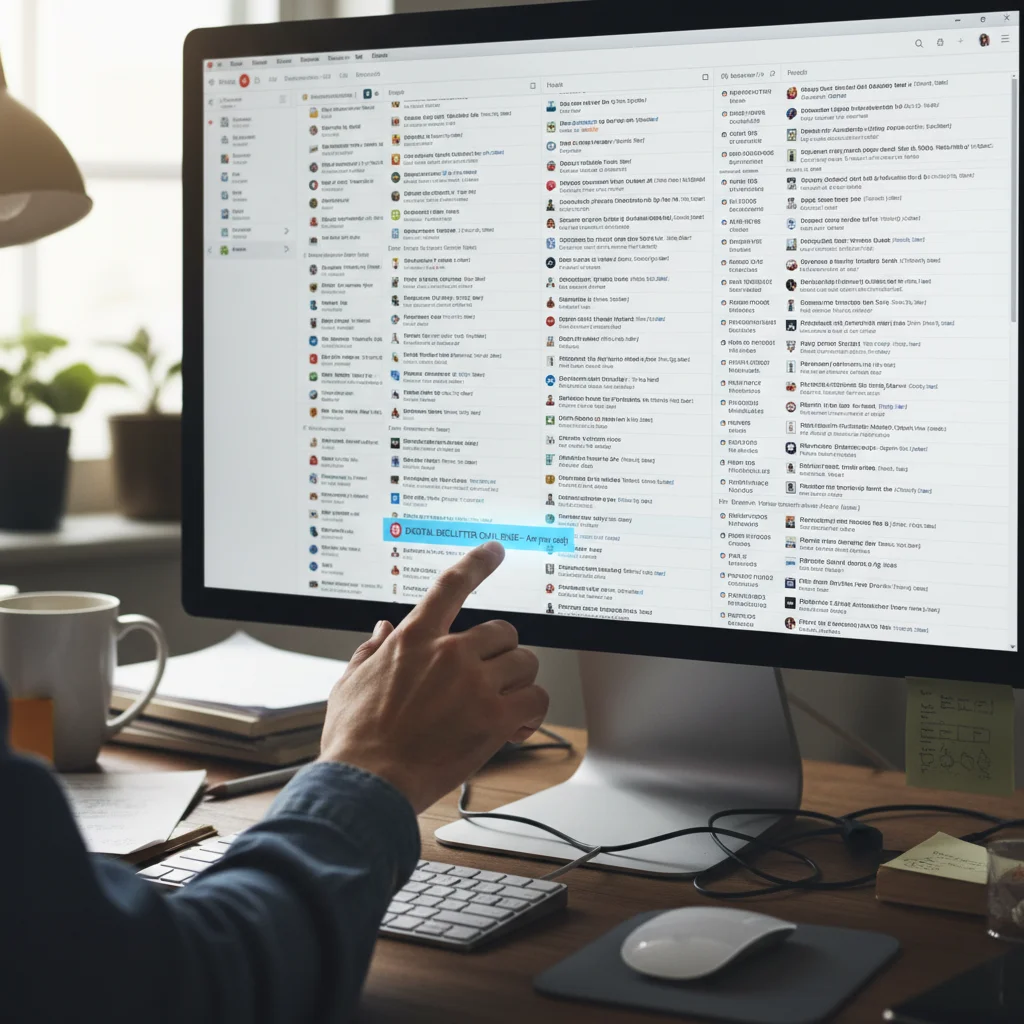 Overwhelmed person facing a chaotic email inbox