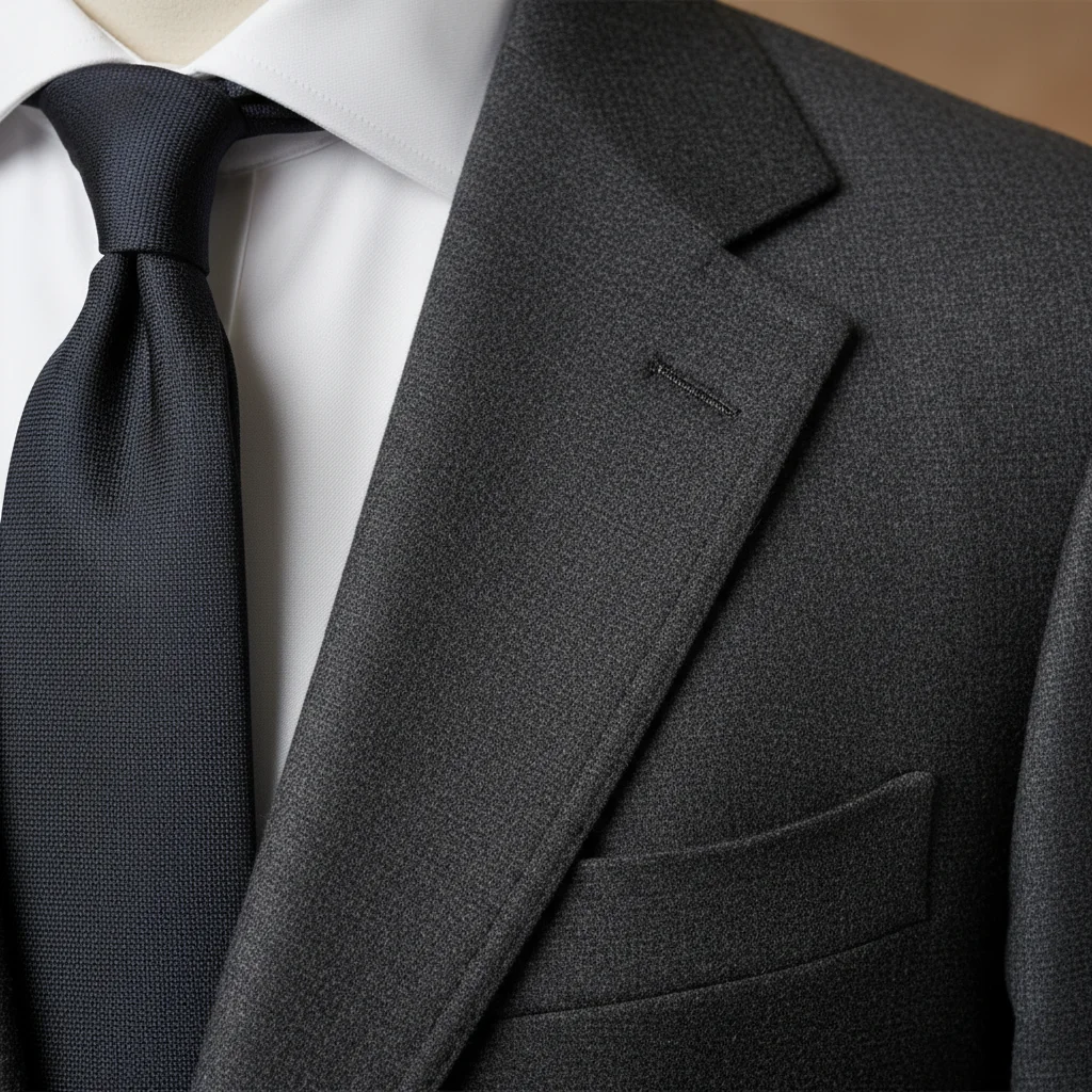 Detail of a charcoal grey tailored suit jacket fabric