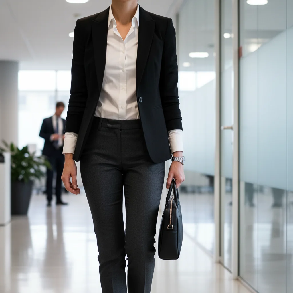 Confident professional wearing a classic black blazer, white shirt, and tailored trousers.