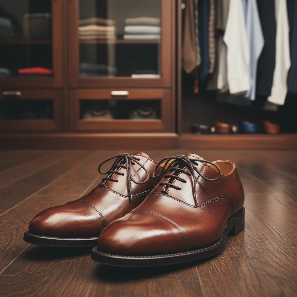 Classic dark brown leather Oxford shoes on a wooden floor