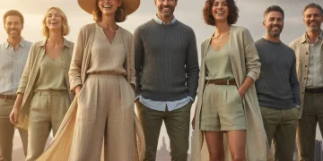 People wearing adaptable clothing made from climate-friendly fabrics in diverse US weather conditions.