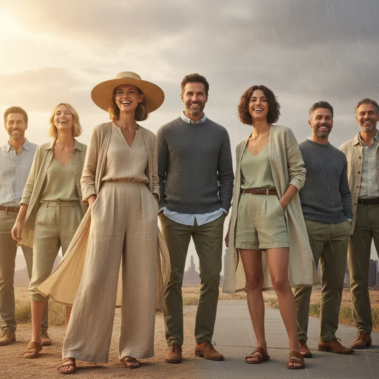 People wearing adaptable clothing made from climate-friendly fabrics in diverse US weather conditions.