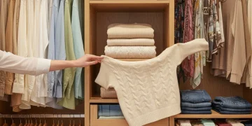 Woman carefully folding a sweater in a well-organized closet, demonstrating mindful clothing care.