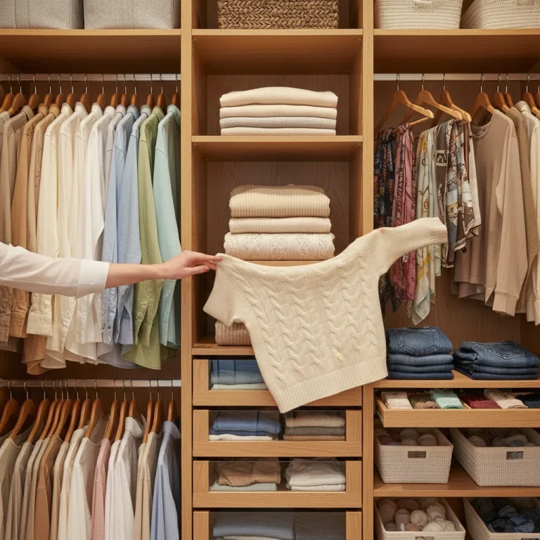 Woman carefully folding a sweater in a well-organized closet, demonstrating mindful clothing care.