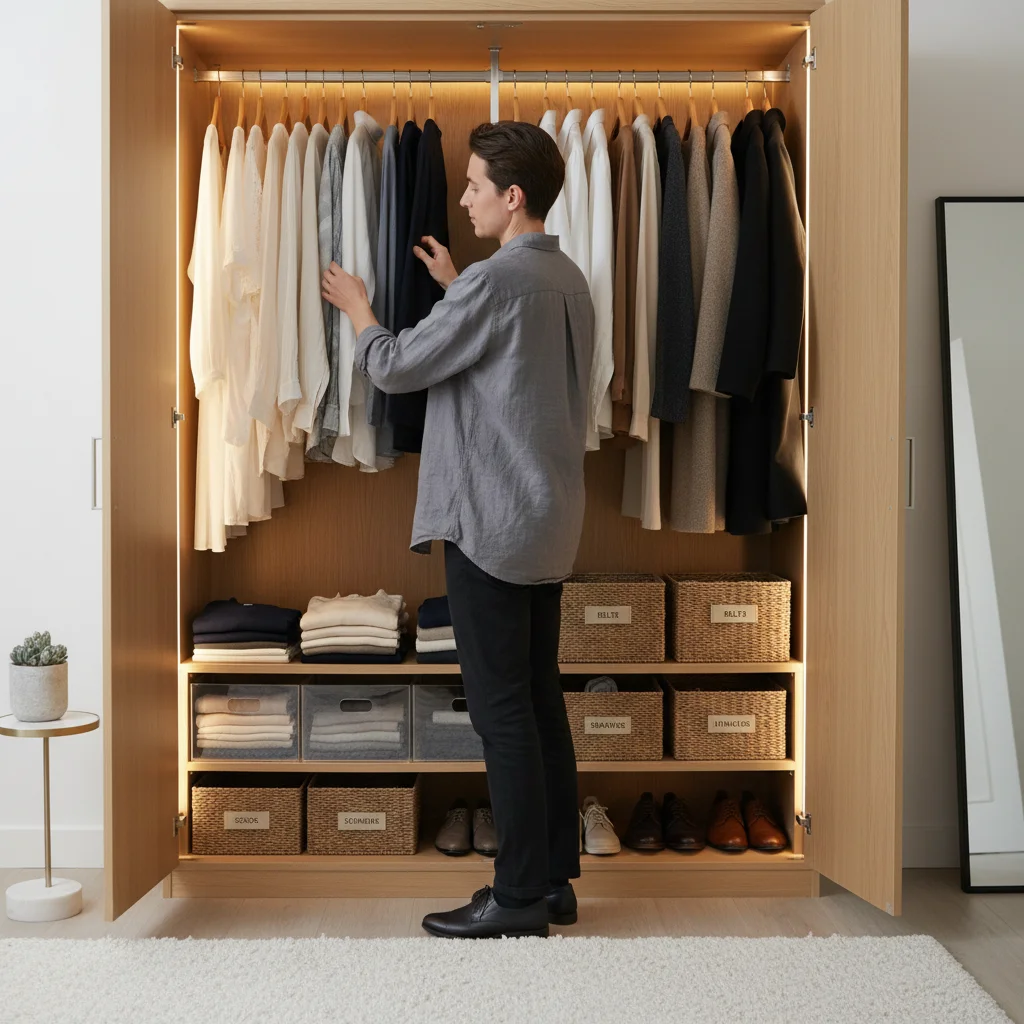 Person organizing clothes by color in a minimalist closet