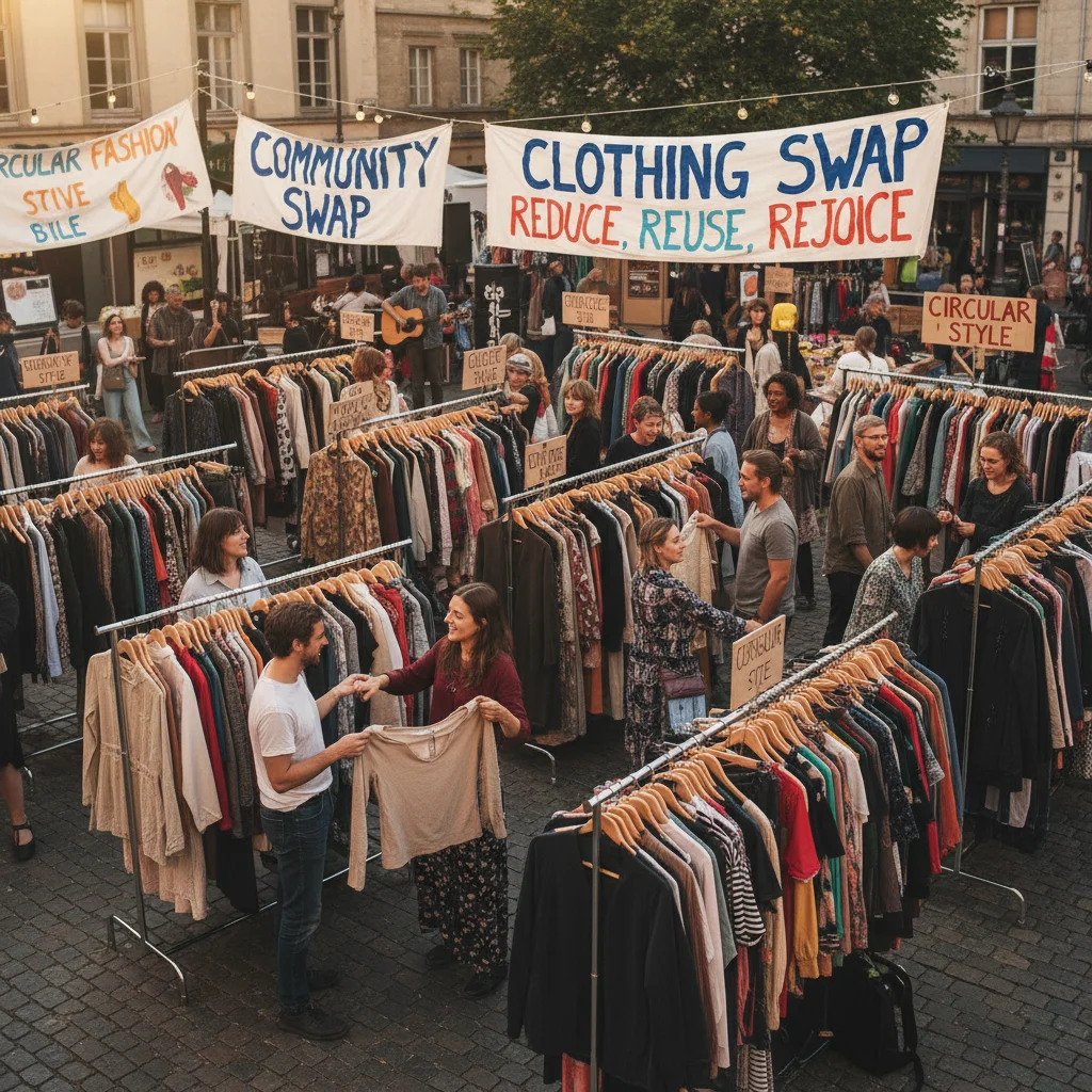 Community clothing swap event promoting circular fashion