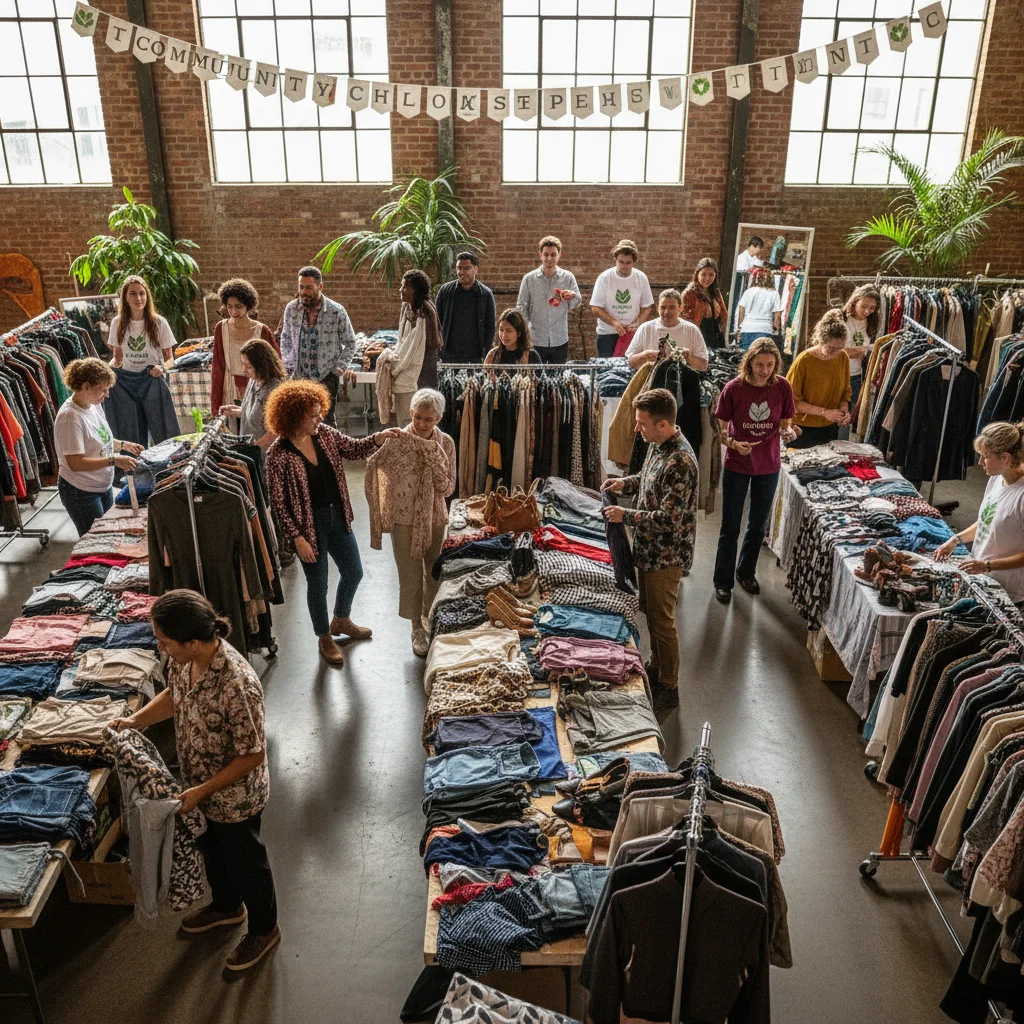 Community clothing swap event with people exchanging clothes.