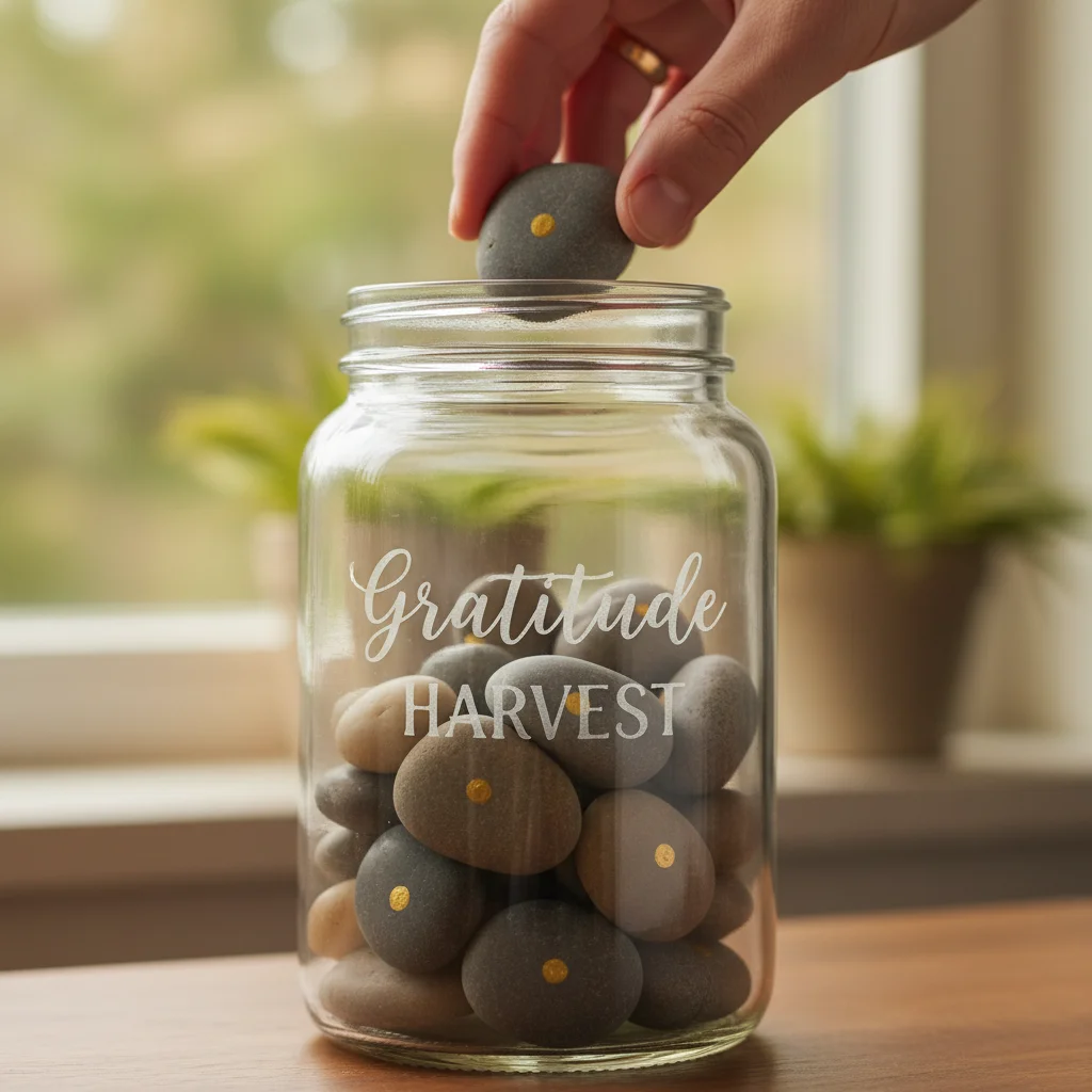 Collecting gratitude stones in a glass jar