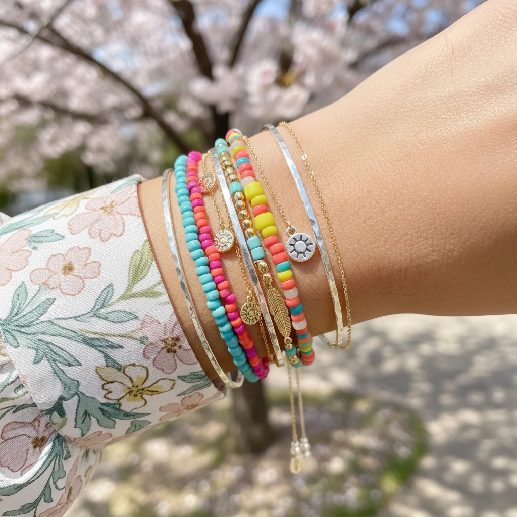 Stylish wrist adorned with colorful stacked bracelets, perfect for spring