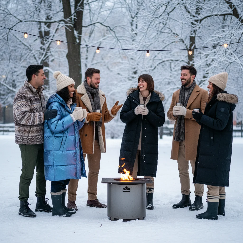 Friends in cozy and stylish winter outfits enjoying snowy park