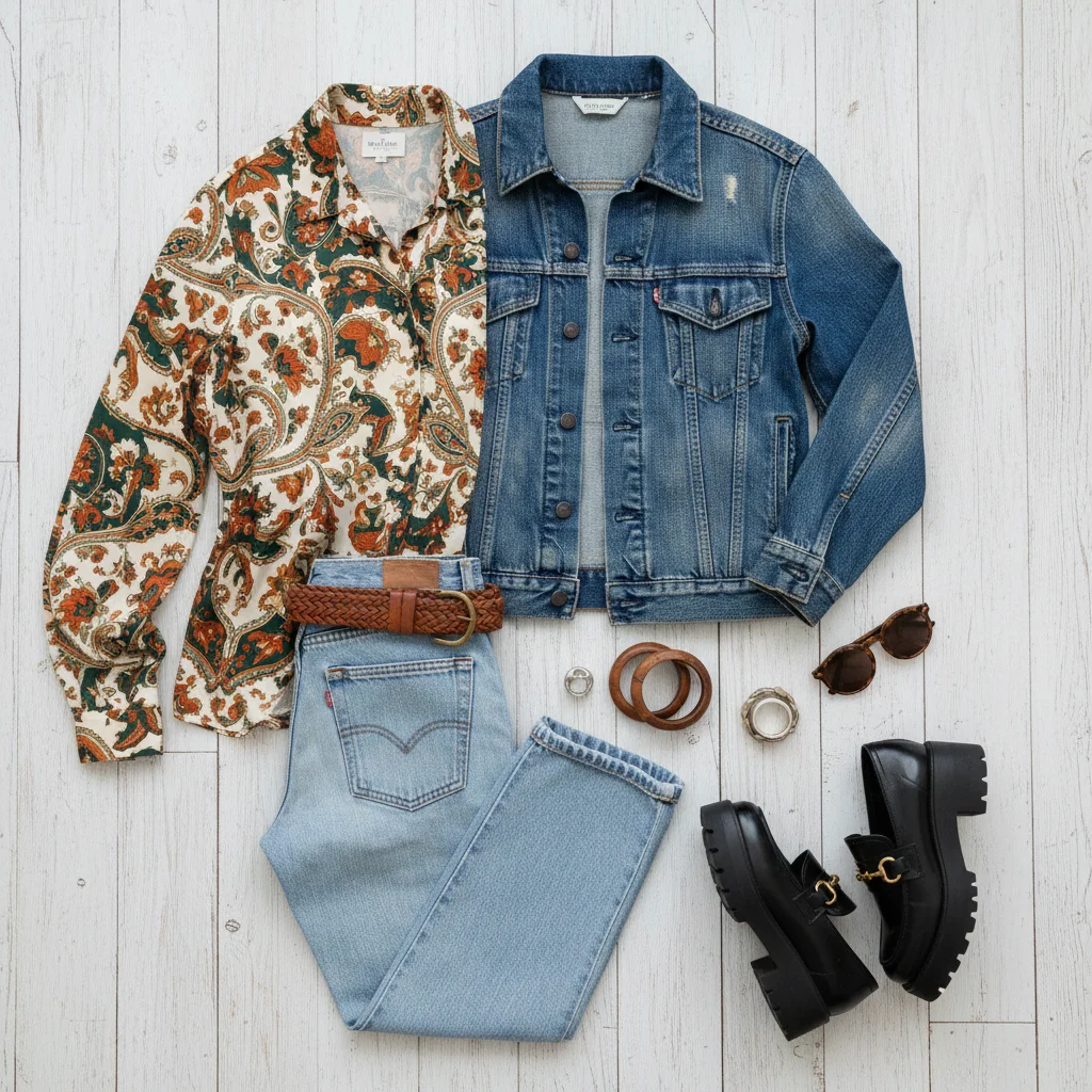 Curated flat lay of chic thrifted clothing items including a denim jacket, silk blouse, and vintage jeans.