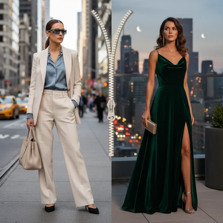 Woman demonstrating versatile day to night outfit changes for 2026 fashion