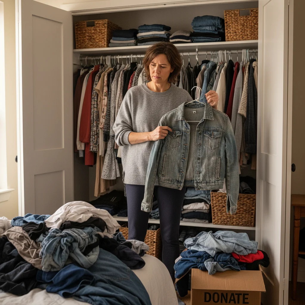 Person decluttering their closet, deciding on clothes to keep or discard