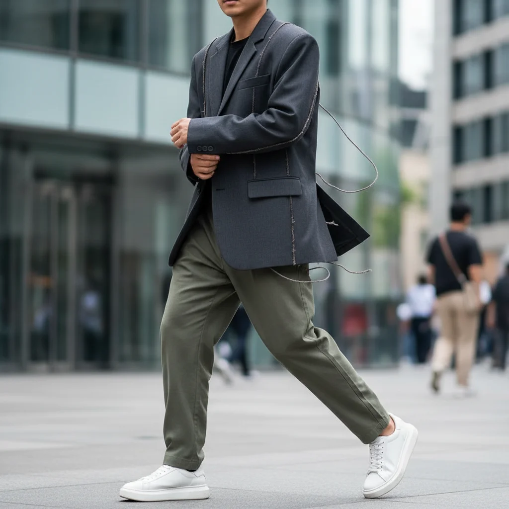 Person wearing oversized deconstructed blazer and relaxed tailored trousers in an urban setting